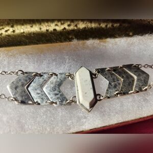 White Howlite Natural Stone Bracelet, Chevron Silver Plates, Clasp Closure